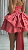 Ndyad Hot Pink Strapless A-Line Satin Homecoming Dresses Short Prom Dresses with Bow HZ1024