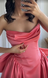 Ndyad Hot Pink Strapless A-Line Satin Homecoming Dresses Short Prom Dresses with Bow HZ1024