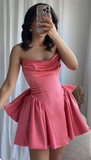 Ndyad Hot Pink Strapless A-Line Satin Homecoming Dresses Short Prom Dresses with Bow HZ1024