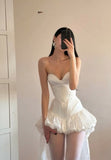 Ndyad White Sweetheart A-Line Satin Hi-Lo Prom Dresses Homecoming Dresses HZ1024