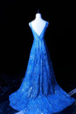 Ndyad Royal Blue V-neck A-Line Beaded Tulle Long Prom Dresses Formal Evening Gowns HZ1024
