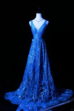 Ndyad Royal Blue V-neck A-Line Beaded Tulle Long Prom Dresses Formal Evening Gowns HZ1024