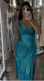 Ndyad Turquoise Scoop Neck Sheath Sequin Long Prom Dresses Formal Evening Gowns with Slits HZ1024