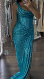 Ndyad Turquoise Scoop Neck Sheath Sequin Long Prom Dresses Formal Evening Gowns with Slits HZ1024