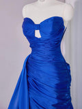 Ndyad Royal Blue Sweetheart Neck Sheath Satin Long Prom Dresses Formal Evening Gowns with Slits HZ1024