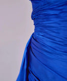 Ndyad Royal Blue Sweetheart Neck Sheath Satin Long Prom Dresses Formal Evening Gowns with Slits HZ1024