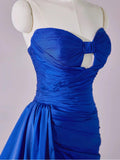 Ndyad Royal Blue Sweetheart Neck Sheath Satin Long Prom Dresses Formal Evening Gowns with Slits HZ1024