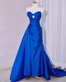 Ndyad Royal Blue Sweetheart Neck Sheath Satin Long Prom Dresses Formal Evening Gowns with Slits HZ1024