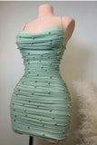 Ndyad Mint Green Spaghetti Straps Bodycon Beaded Chiffon Short Prom Dresses Homecoming Dresses HZ1024