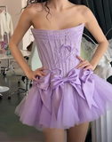 Ndyad White Strapless A-Line Satin Tulle Short Prom Dresses Homecoming Dresses with Bow HZ1024