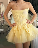 Ndyad White Strapless A-Line Satin Tulle Short Prom Dresses Homecoming Dresses with Bow HZ1024