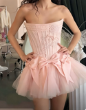 Ndyad White Strapless A-Line Satin Tulle Short Prom Dresses Homecoming Dresses with Bow HZ1024