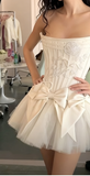 Ndyad White Strapless A-Line Satin Tulle Short Prom Dresses Homecoming Dresses with Bow HZ1024