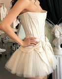 Ndyad White Strapless A-Line Satin Tulle Short Prom Dresses Homecoming Dresses with Bow HZ1024