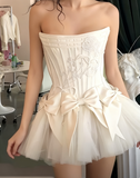 Ndyad White Strapless A-Line Satin Tulle Short Prom Dresses Homecoming Dresses with Bow HZ1024