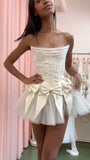 Ndyad White Strapless A-Line Satin Tulle Short Prom Dresses Homecoming Dresses with Bow HZ1024