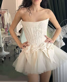 Ndyad White Strapless A-Line Satin Tulle Short Prom Dresses Homecoming Dresses with Bow HZ1024