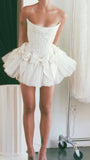 Ndyad White Strapless A-Line Satin Tulle Short Prom Dresses Homecoming Dresses with Bow HZ1024