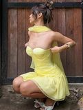Ndyad Butter Yellow Strapless A-Line Satin Tulle Short Prom Dresses Homecoming Dresses HZ1024
