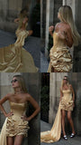 Ndyad Yellow Spaghetti Straps Sheath Satin Short Prom Dresses Homecoming Dresses HZ1024