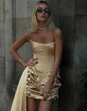 Ndyad Yellow Spaghetti Straps Sheath Satin Short Prom Dresses Homecoming Dresses HZ1024