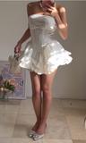 Ndyad White Strapsless A-Line Satin Short Prom Dresses Homecoming Dresses with Bow HZ1024