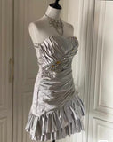 Ndyad Silver Strapless Sheath Satin Beaded Short Prom Dresses Homecoming Dresses HZ1024