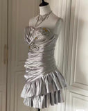 Ndyad Silver Strapless Sheath Satin Beaded Short Prom Dresses Homecoming Dresses HZ1024