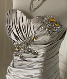 Ndyad Silver Strapless Sheath Satin Beaded Short Prom Dresses Homecoming Dresses HZ1024