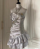 Ndyad Silver Strapless Sheath Satin Beaded Short Prom Dresses Homecoming Dresses HZ1024