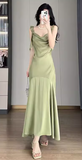 Evafashion Ruffle Satin Swing Neck Suspender Dress Fishtail Maxi Dress HZ1024