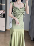 Evafashion Ruffle Satin Swing Neck Suspender Dress Fishtail Maxi Dress HZ1024