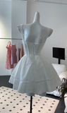 Ndyad White Square Neck A-Line Satin Short Prom Dresses Homecoming Dresses HZ1024