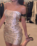 Ndyad Champagne Strapless Bodycon Satin Beaded Short Prom Dresses Fashion Homecoming Dresses HZ1024