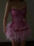Ndyad Fuchsia Strapless Bodycon Beading Feathers Short Prom Dresses Fashion Homecoming Dresses HZ1024