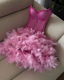 Ndyad Fuchsia Strapless Bodycon Beading Feathers Short Prom Dresses Fashion Homecoming Dresses HZ1024
