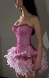 Ndyad Fuchsia Strapless Bodycon Beading Feathers Short Prom Dresses Fashion Homecoming Dresses HZ1024