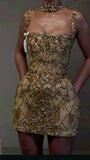 Ndyad Light Champagne Spaghetti Straps Bodycon Beaded Short Prom Dresses Homecoming Dresses with Rhinestones HZ1024