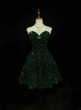 Ndyad Dark Green Sweetheart Neck A-Line Sequin Short Prom Dresses Homecoming Dresses HZ1024