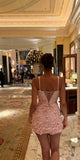 Ndyad Pink Square Neck Bodycon Satin Beaded Short Prom Dresses Homecoming Dresses with Appliques HZ1024