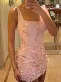 Ndyad Pink Square Neck Bodycon Satin Beaded Short Prom Dresses Homecoming Dresses with Appliques HZ1024