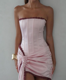 Ndyad Pink Strapless Bodycon Satin Short Prom Dresses Homecoming Dresses HZ1024