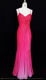 Ndyad Hot Pink Spaghetti Straps Mermaid Beaded Chiffon Long Prom Dresses Elegant Evening Gowns HZ1024