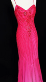 Ndyad Hot Pink Spaghetti Straps Mermaid Beaded Chiffon Long Prom Dresses Elegant Evening Gowns HZ1024