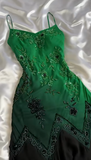 Ndyad Green Spaghetti Straps Mermaid Beaded Chiffon Long Prom Dresses Vintage Evening Gowns HZ1024