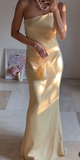 Ndyad Butter Yellow One Shoulder Sheath Satin Long Prom Dresses Formal Evening Gowns HZ1024