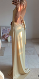 Ndyad Butter Yellow One Shoulder Sheath Satin Long Prom Dresses Formal Evening Gowns HZ1024
