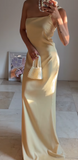 Ndyad Butter Yellow One Shoulder Sheath Satin Long Prom Dresses Formal Evening Gowns HZ1024