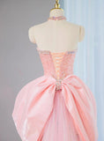 Ndyad Pink Strapless Mermaid Tulle Beaded Long Prom Dresses Wedding Dress with Bow HZ1024