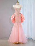 Ndyad Pink Strapless Mermaid Tulle Beaded Long Prom Dresses Wedding Dress with Bow HZ1024